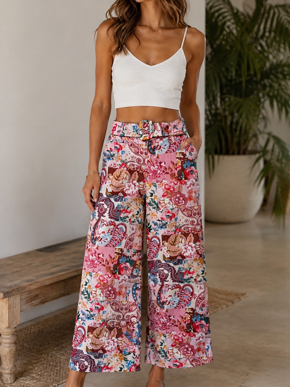 Sigrid Olsen Wide Leg Belted Pants Womens Boho Paisley Patchwork S Linen blend